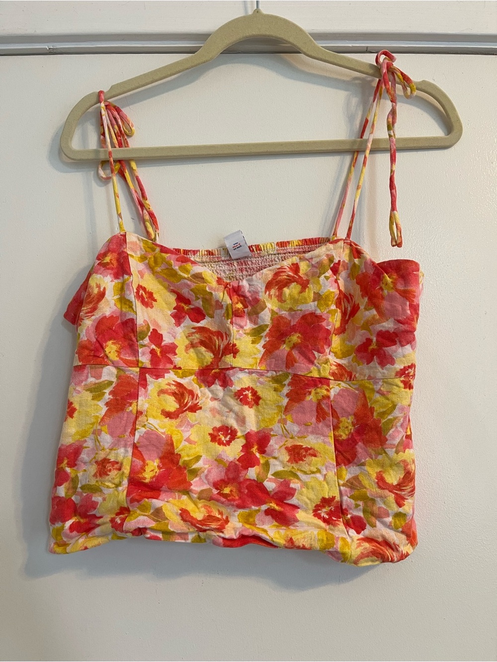Old Navy Pink Yellow Floral Tie-Shoulder Crop tank top linen blend medium
